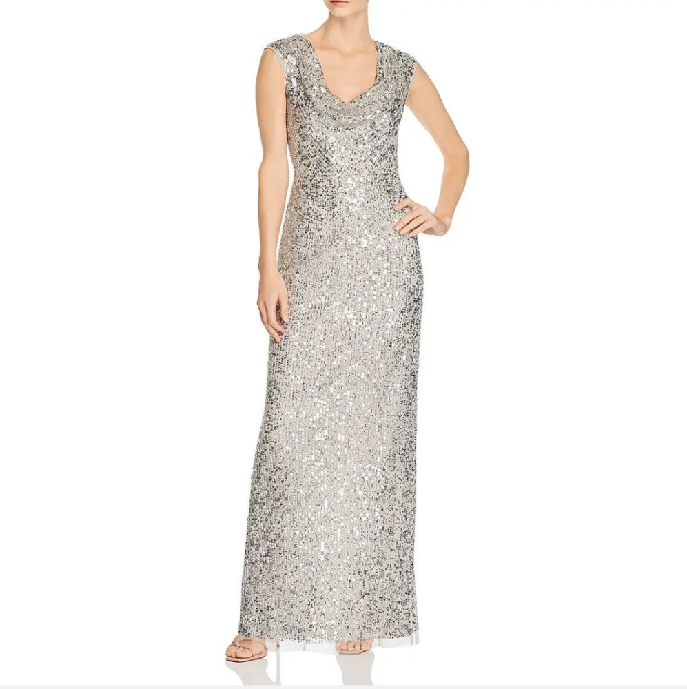 Adrianna Papell Silver Beaded Cowl Neck Formal Dress